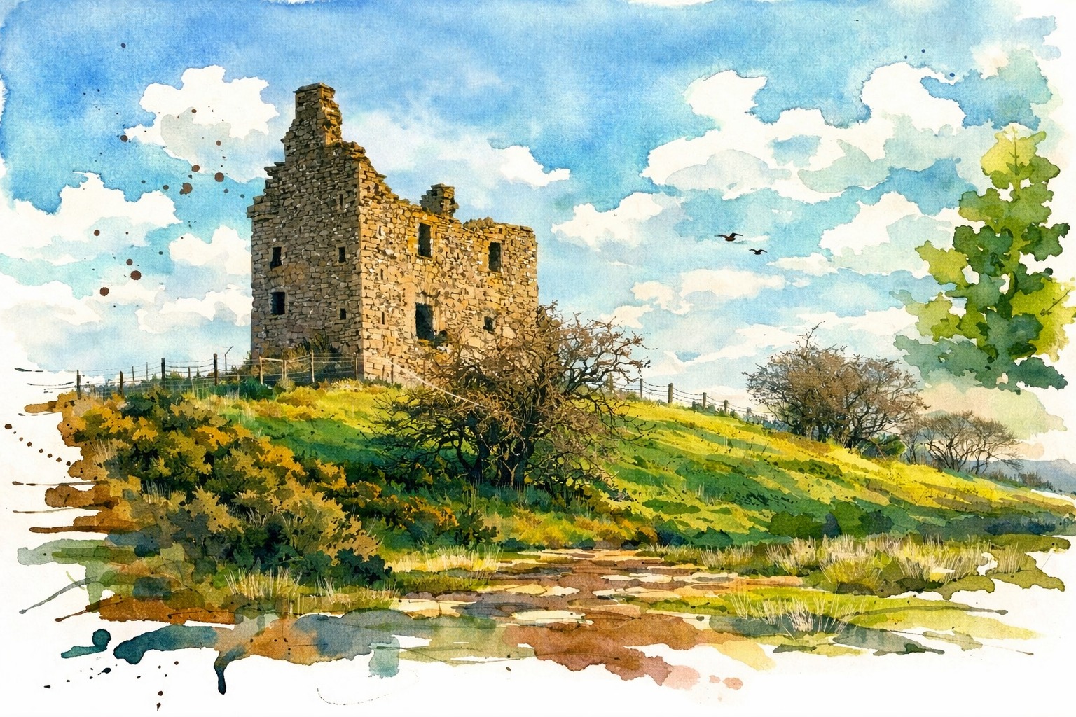 Watercolour study of Baltersan Castle and the surrounding ground